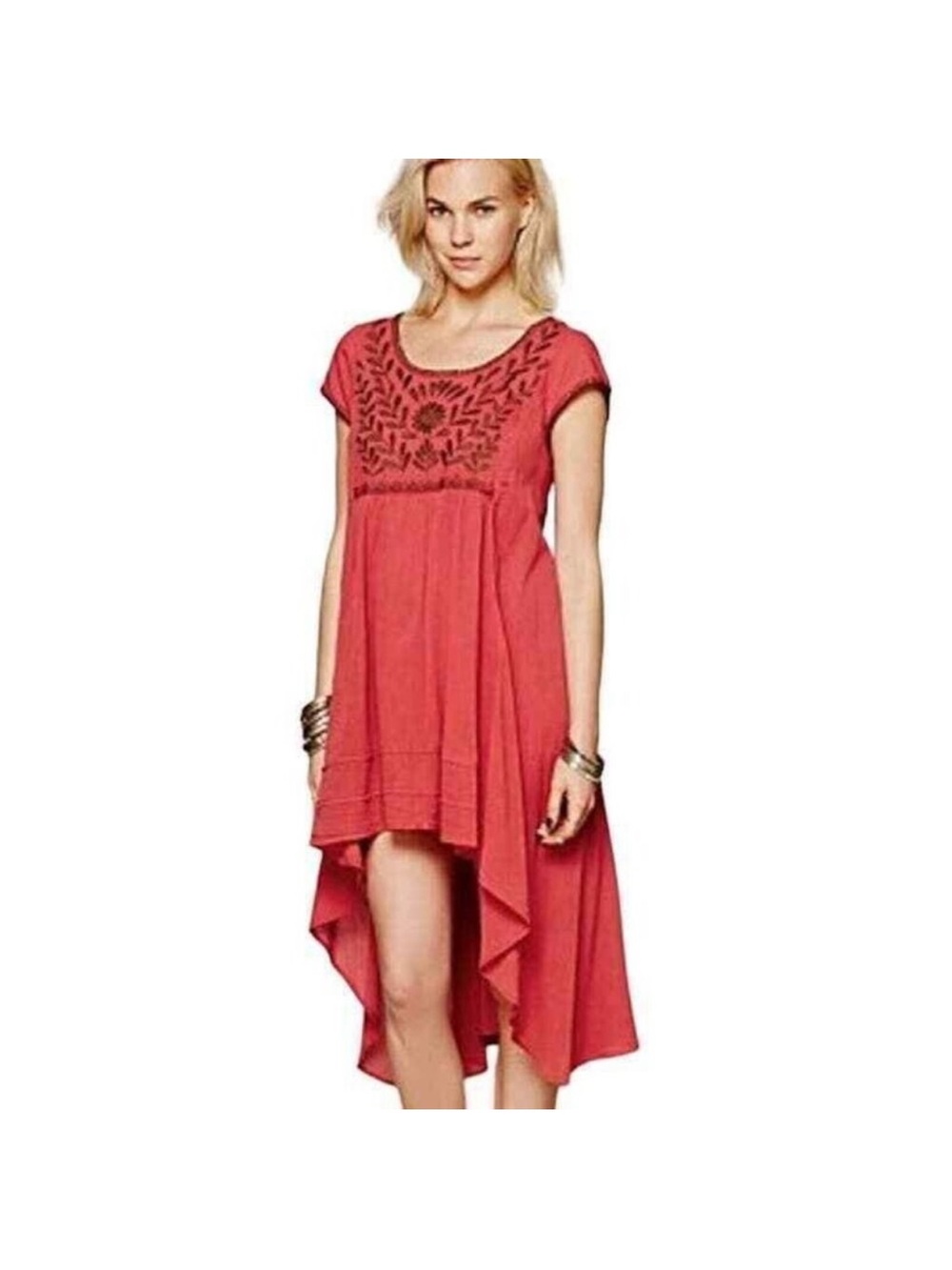 Free People Coral Embroidered High-Low Dress